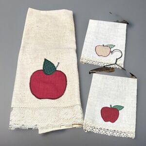 Lot of 3 Vtg Linen Apple Themed Embroidered Decorative Small Towels Lacy Crochet